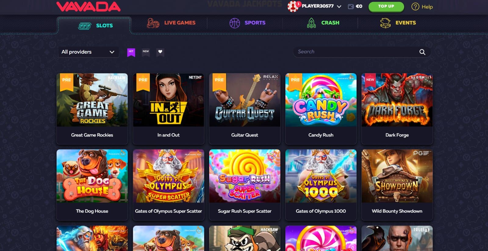 Vavada Casino's games page featuring main lobby tabs above search filters and slot game icons