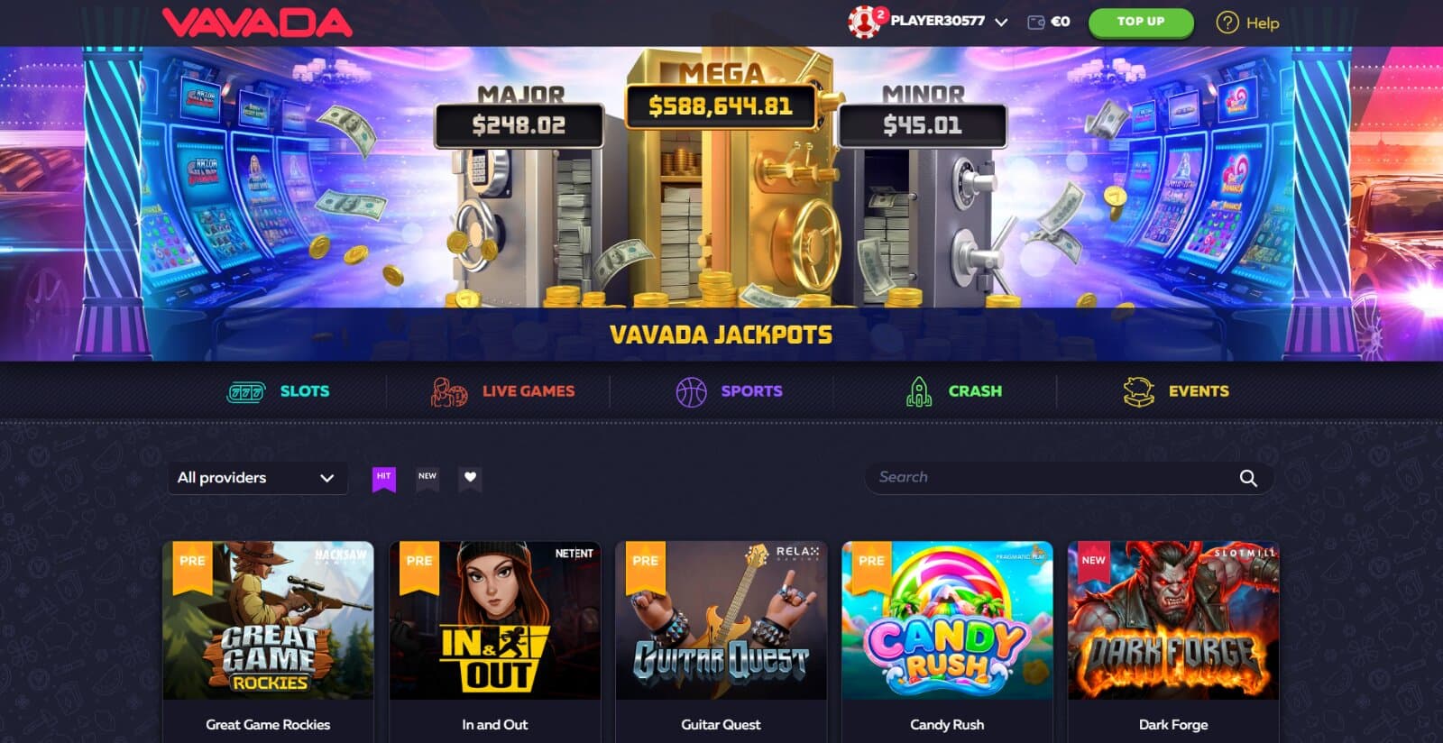 Vavada Casino's Landing page featuring the jackpot challenge banner over slot, table, sport sand live tabs and featured games