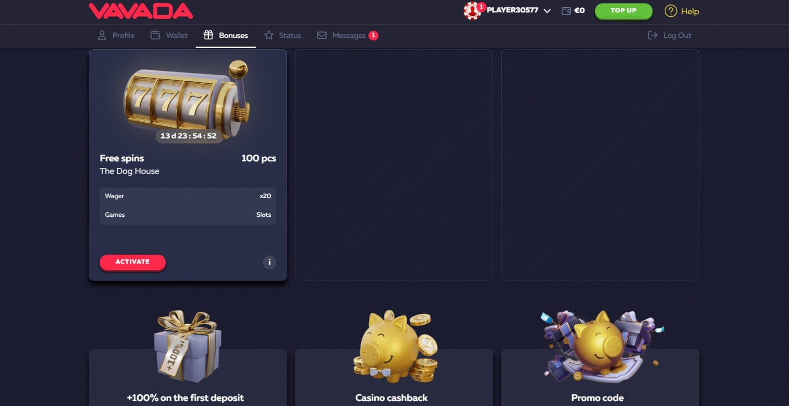 Vavada Casino's promotions page featuring the 100 no deposit free spins received upon sign up 