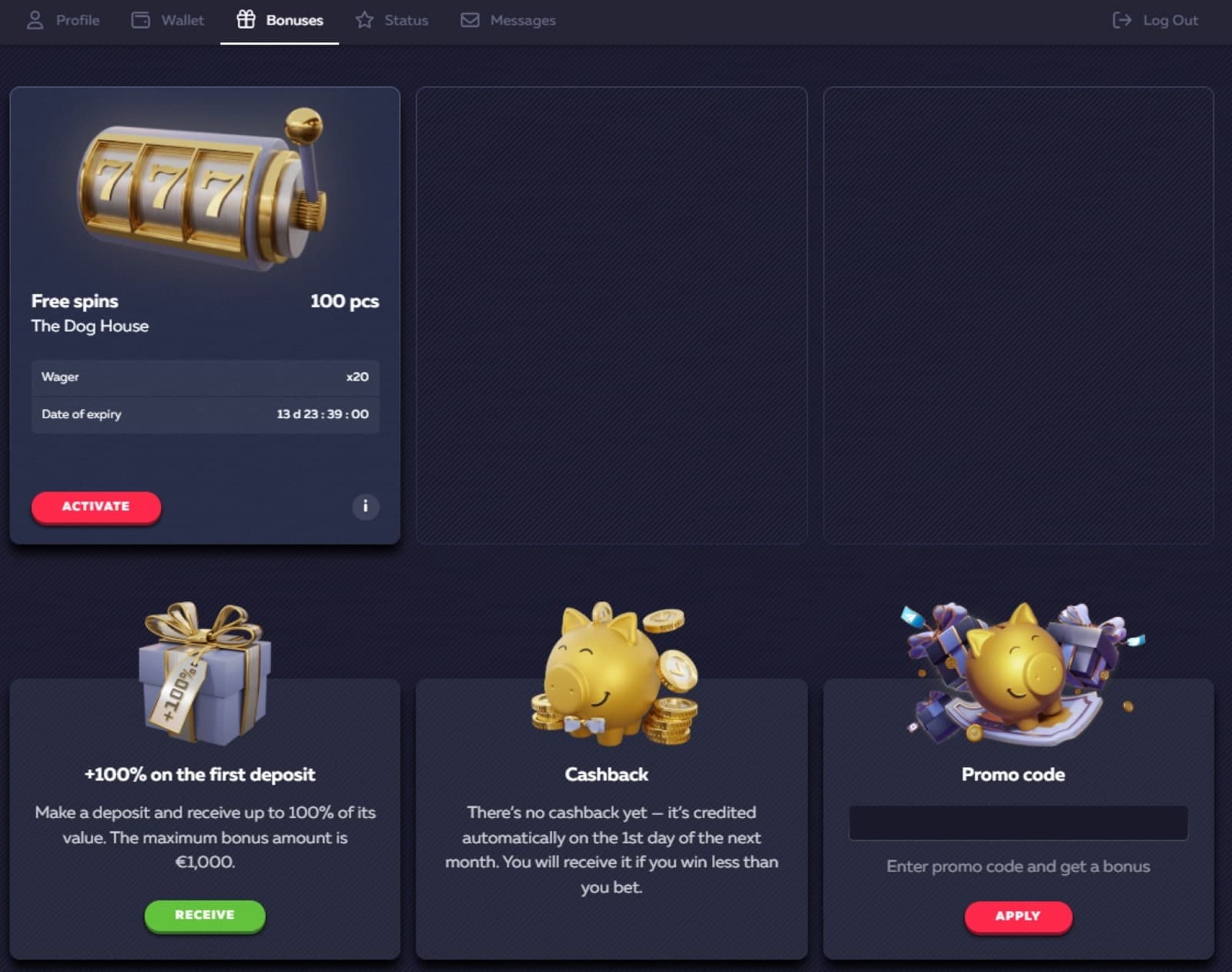 Vavada Casino promotions page listing the 100% welcome bonus of 1000 euros and 100 free spins , and monthly cashback