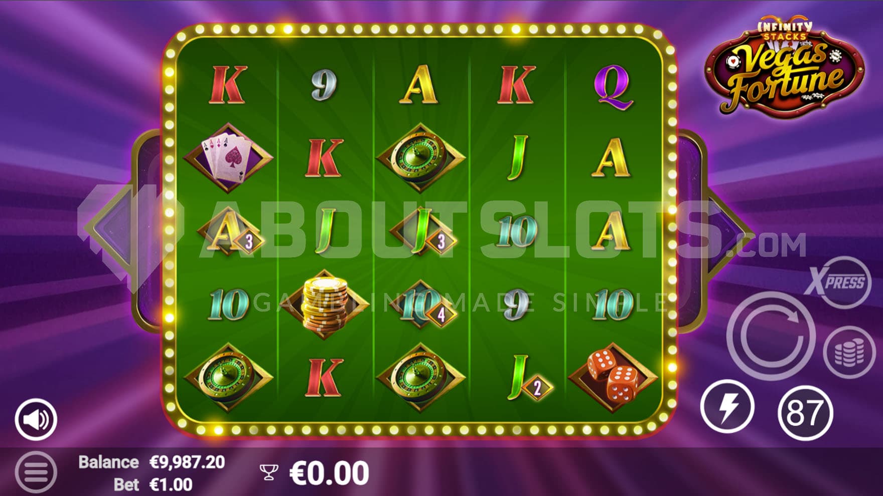 Base Game view of a 5x5 grid on a purple background and with several symbols carrying multipliers on the reels.