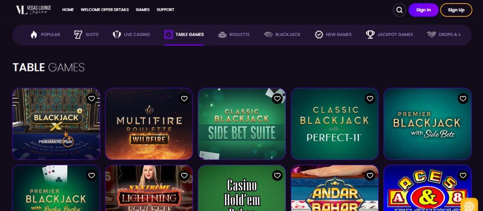 Vegas Lounge Casino's table games category, showing variations of blackjack and roulette.