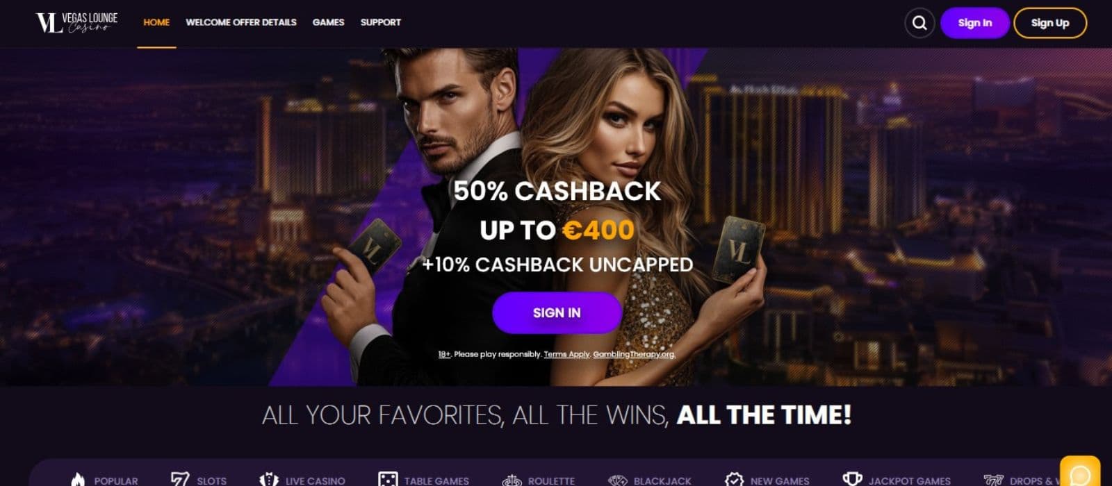 Vegas Lounge Casino's homepage, showing the welcome cashback worth 50% up to €400 plus 10% uncapped cashback.