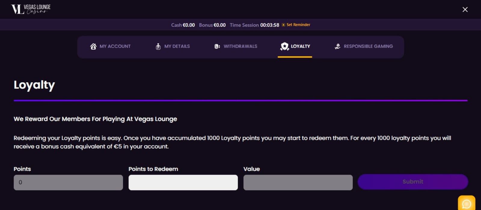 Vegas Lounge Casino's loyalty bonus page, showing the exchange rate for loyalty points.