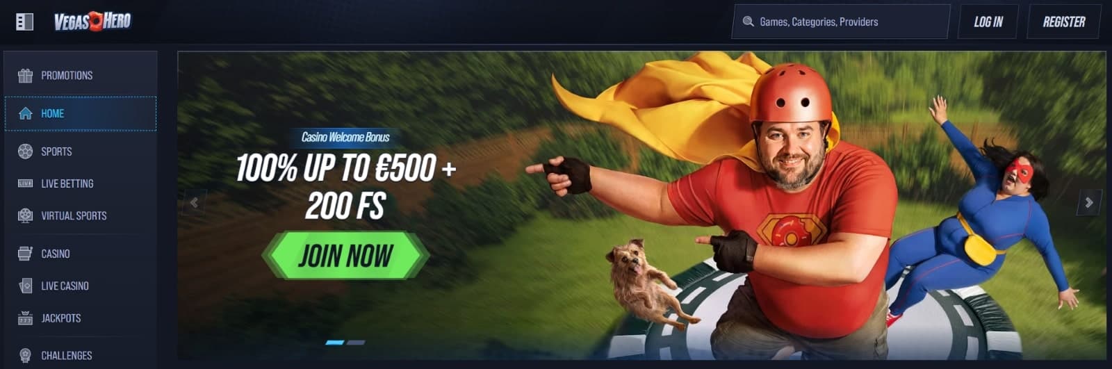 VegasHero Casino landing page featuring the 100% up to 500 euro and 200 free spins with two hero characters