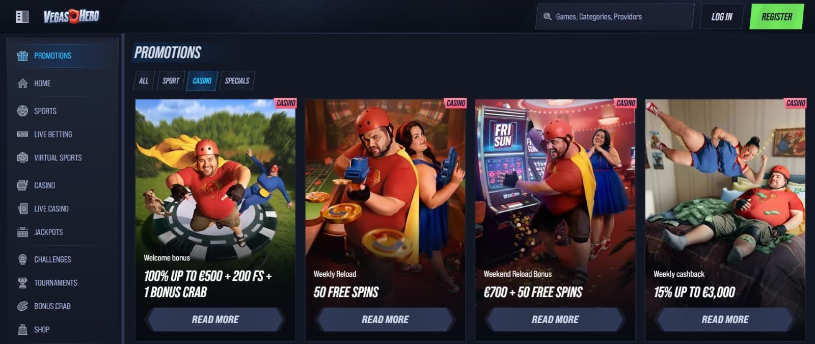 VegasHero Casino promotions page featuring the welcome bonus, weekly reload bonus, weekend reload spins and weekly cashback