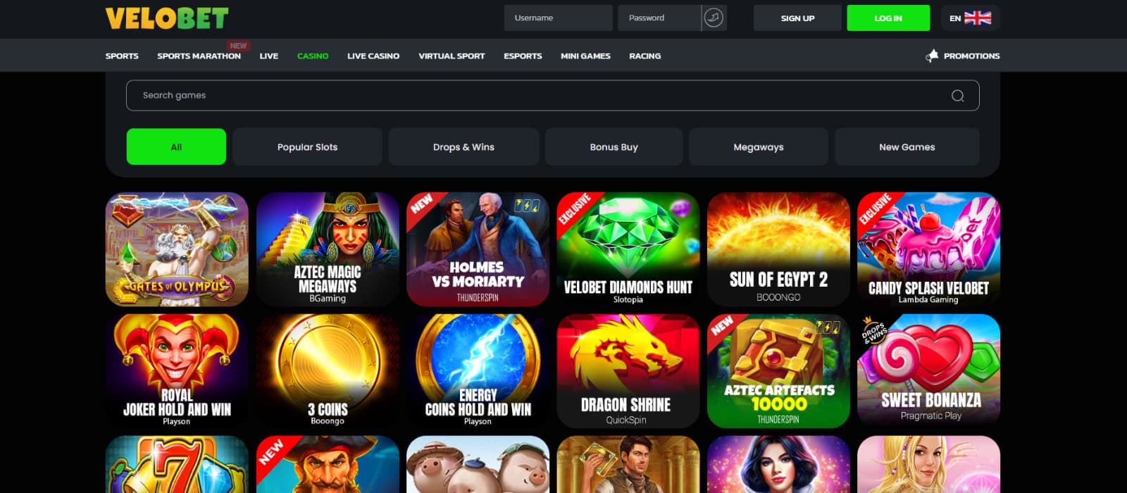 Velobet Casino games page featuring slot categories - Drops & wins, Megaways, Bonus Buy and new games