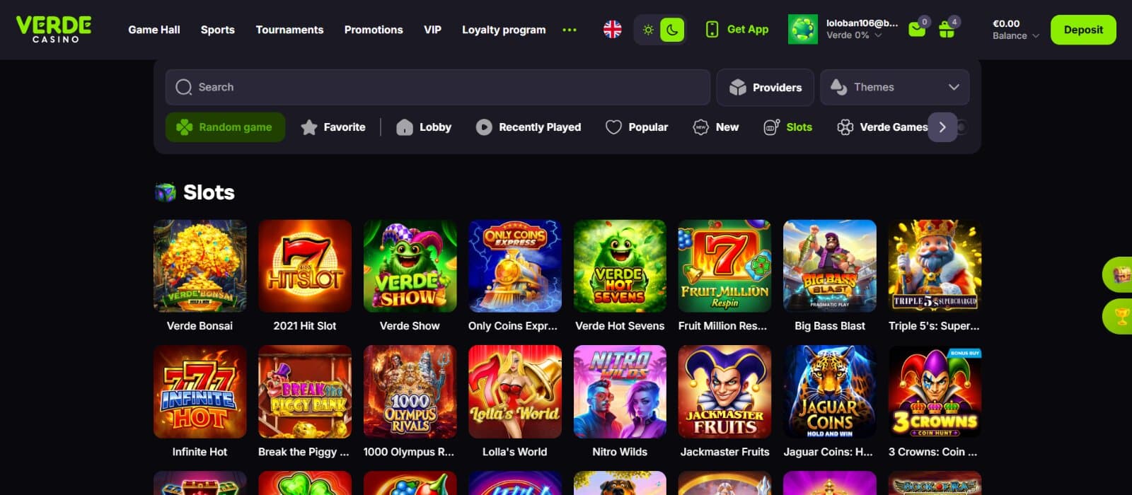 VerdeCasino games page featuring the slot and table selection under filtering boxes and tabs