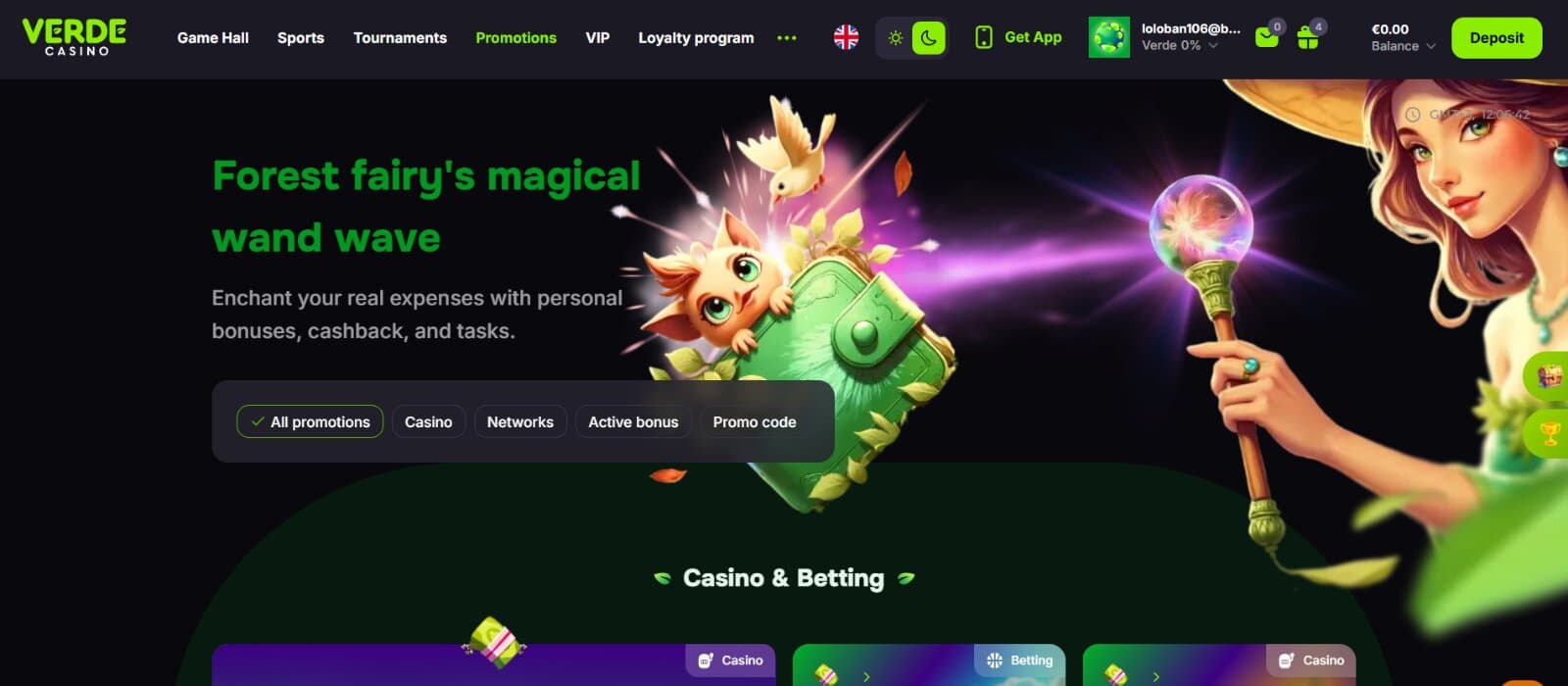 VerdeCasino landing page featuring image banner of magical forest fairy presenting the type of bonuses available