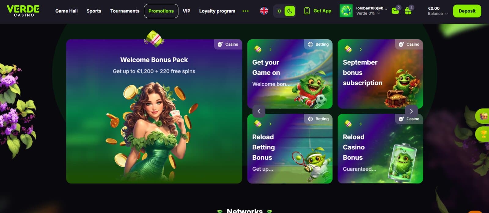 Verde Casino promotions page featuring info cards with bonus details for welcome bonus, seasonal promo, sports reload, and casino reload bonus