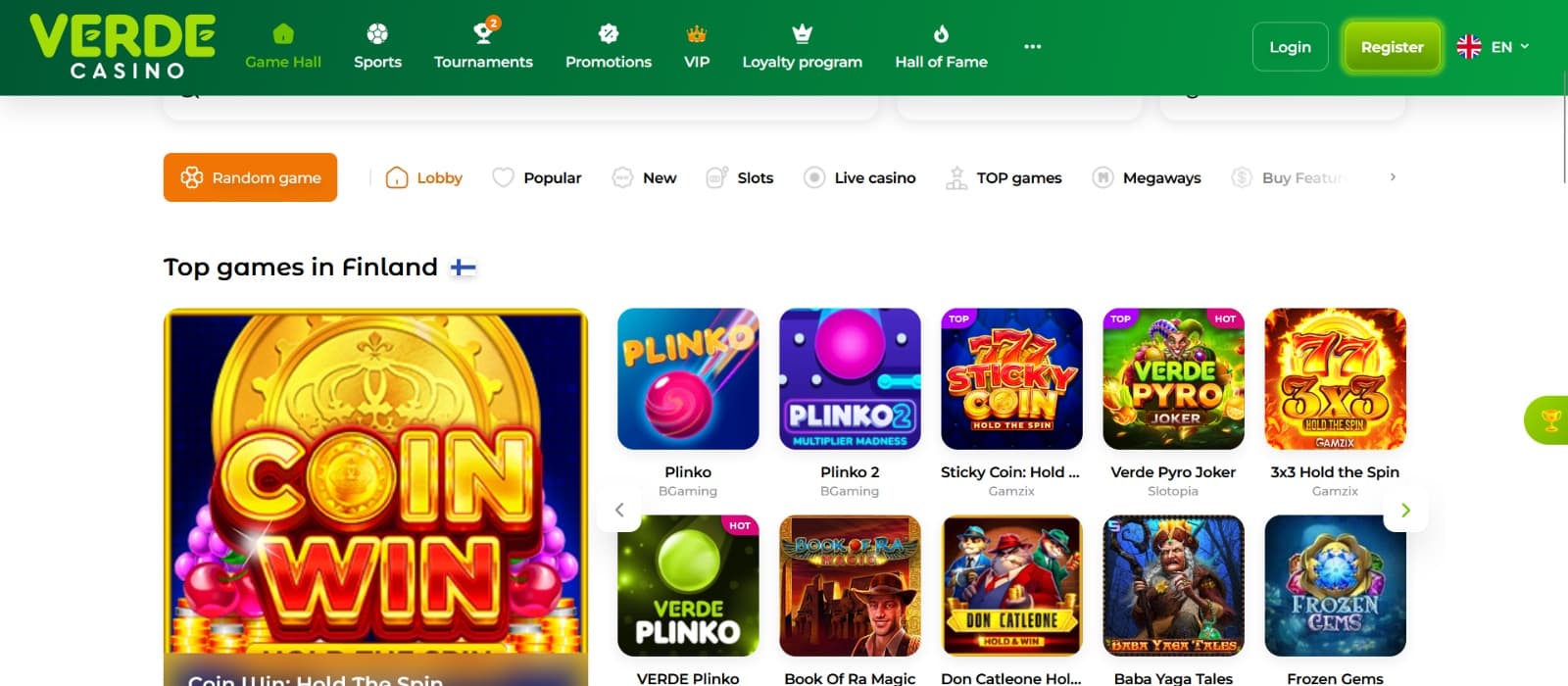 Verde Casino games lobby with top slot, plinko and 777 games