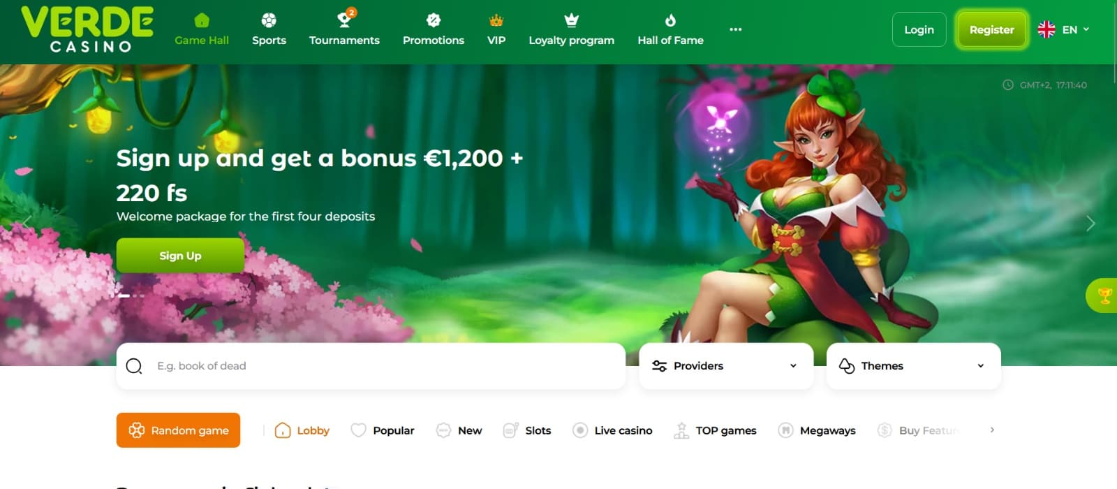 Verde Casino landing page with Irish mythological characters on welcome bonus banner image 