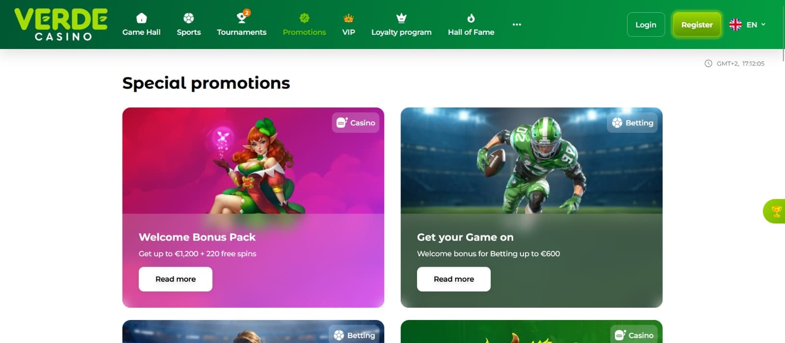 Verde Casino promotions page with welcome casino and sport bonus packs with leprechaun and footballer images 