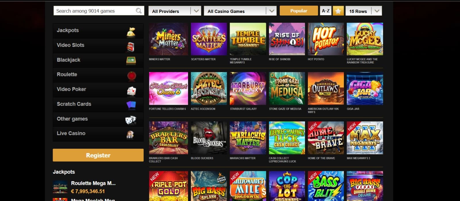 VideoSlots Casino games page with video poker, slots and live casino games
