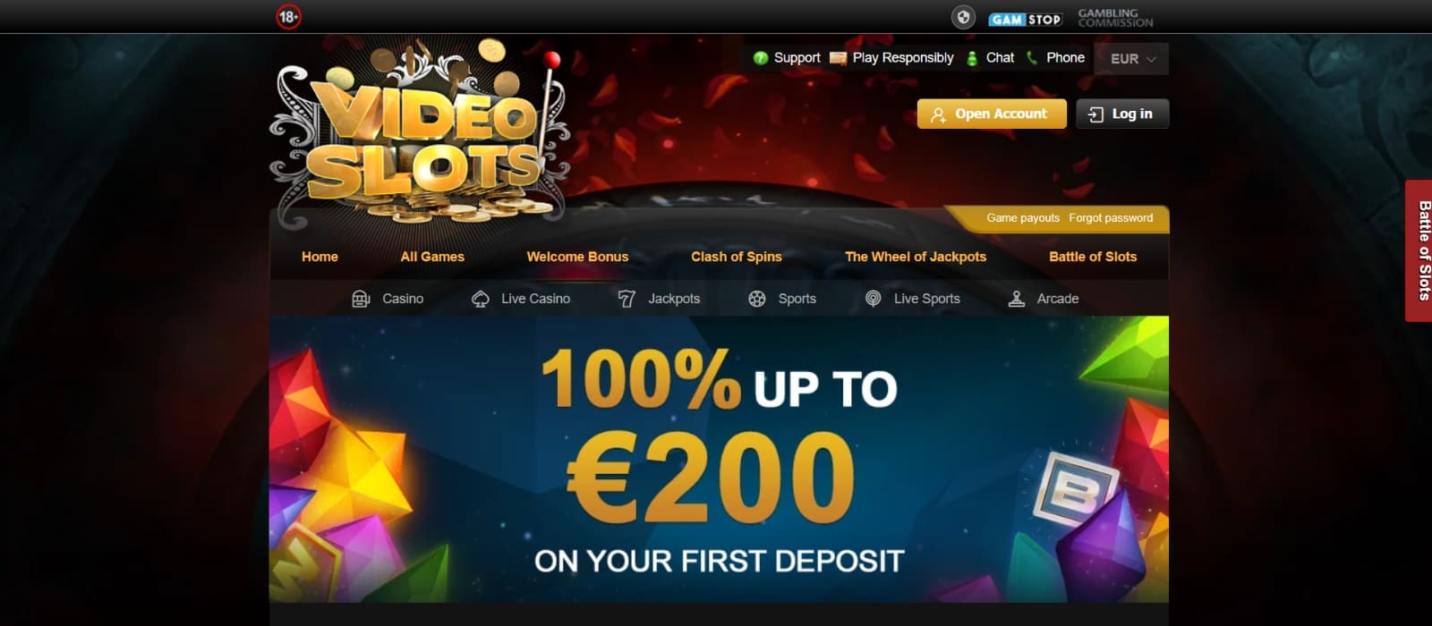VideoSlots Casino promotions page with 100% up to 200 eur welcome bonus