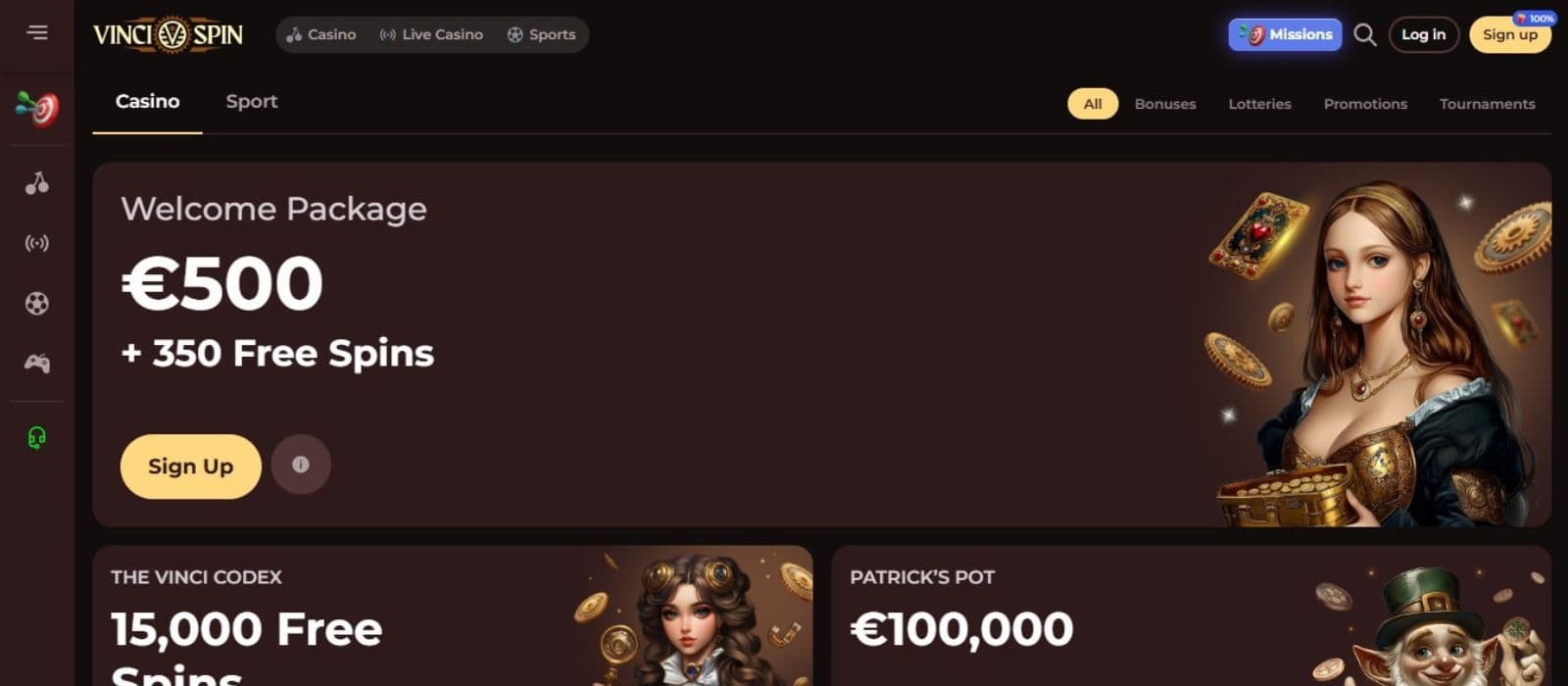 Vincispin Casino's promotions page, showing the welcome bonus and other impressive offers.