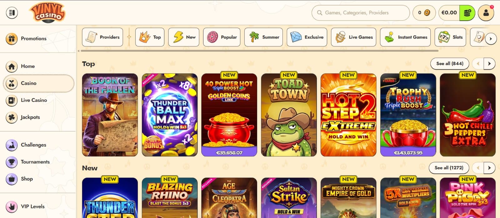 Vinyl Casino games page featuring slot and table game icons under the main tab categories