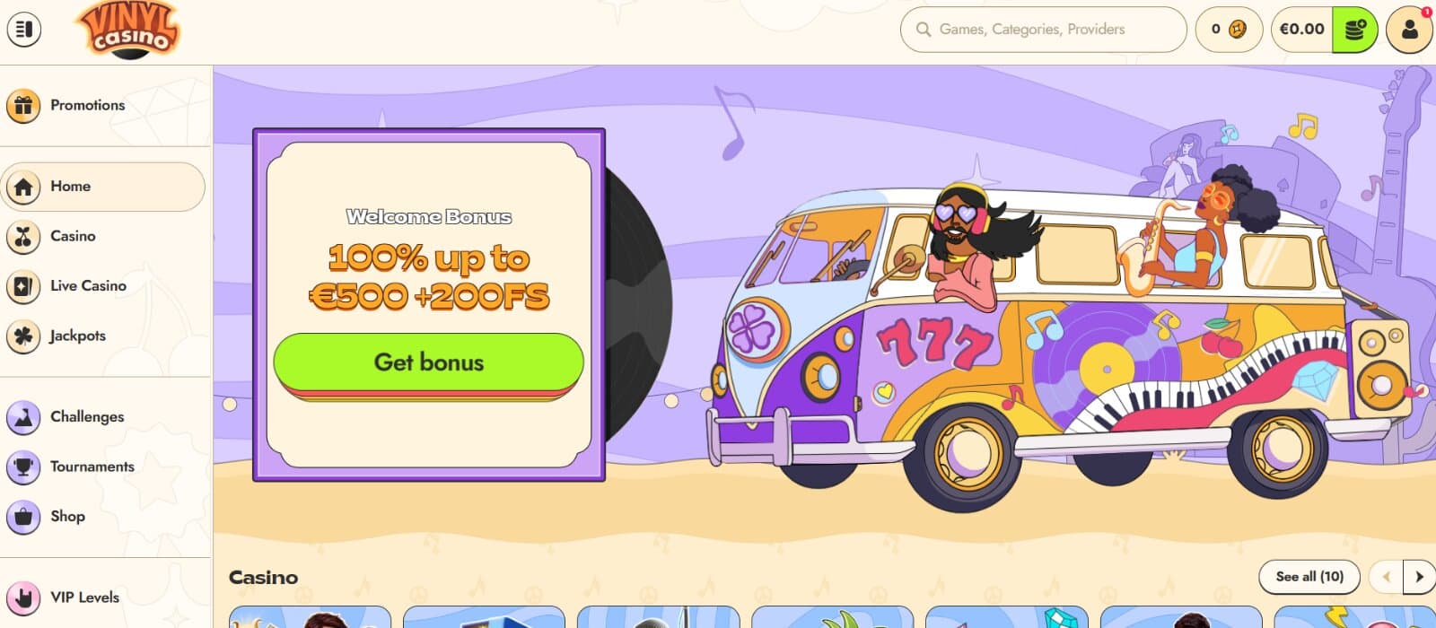 Vinyl Casino landing page featuring the welcome bonus banner with image of 70s music van, next to left side navigation menu