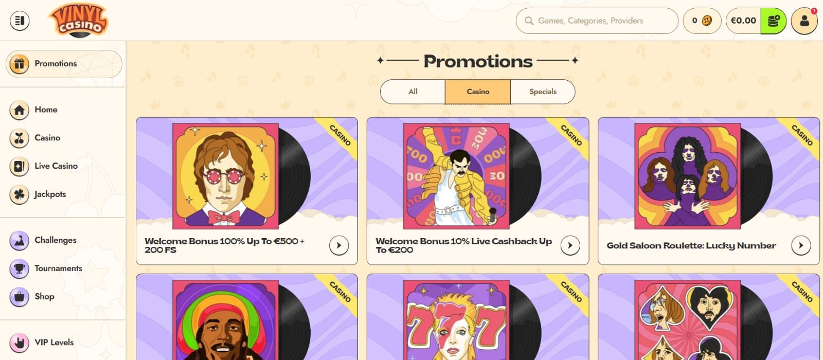 Vinyl Casino promotions page featuring the welcome bonuses, roulette runs, weekly reload bonuses, VIP cashback with their respective images of 70s musicians