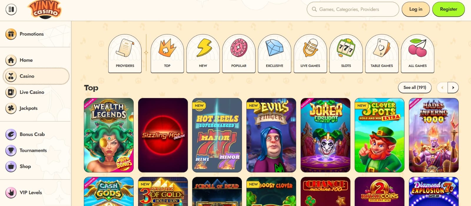 Vinyl Casino Games page with sot titles such as Wealth of Legends and category tabs