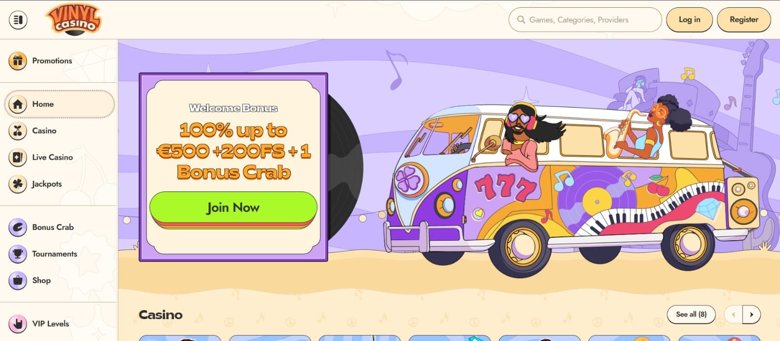 Vinyl Casino landing page with welcome bonus banner and hippie van image