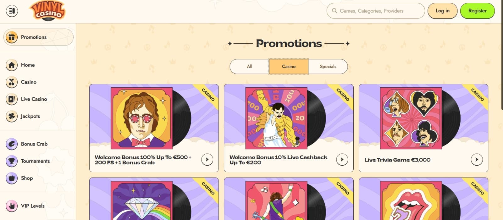 Vinyl Casino promotions page with vinyl records images