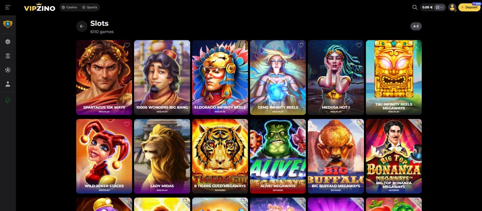 Vipzino Casino games page featuring the slot game icons under search box and provider filter 
