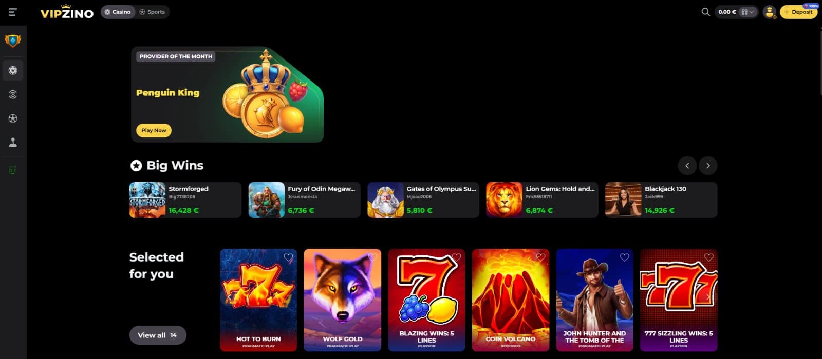 Vipzino Casino landing page featuring the provider of the month, big wins from players, and side menu with casino pages