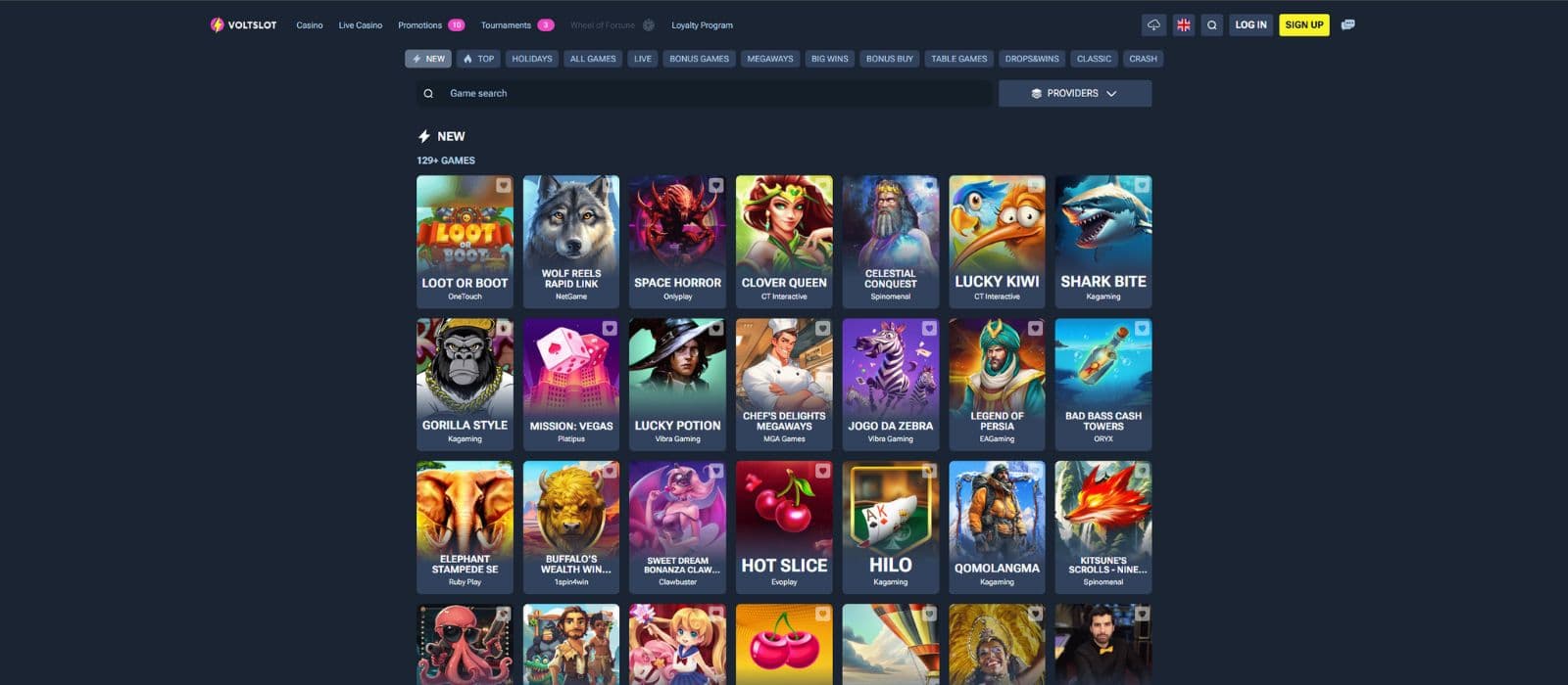 Voltslot casino games page showing a selection of popular slots