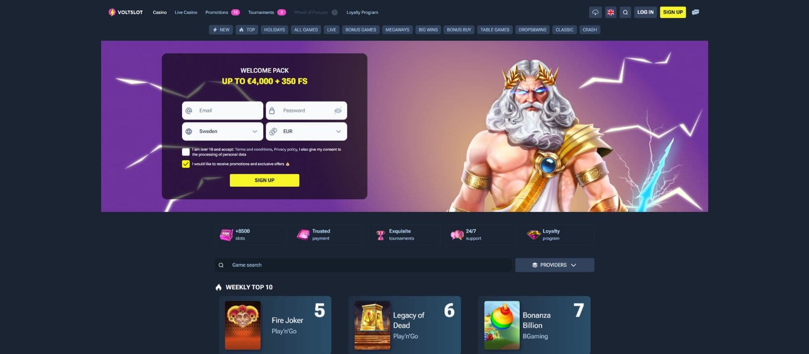 Voltslot Casino landing page showing the registration form, welcome bonus package and games menu