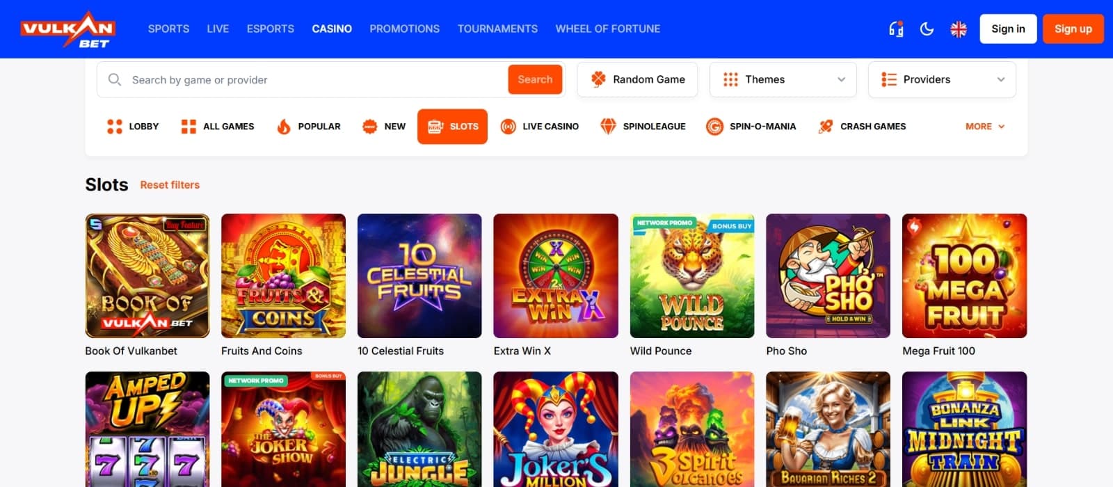 Vulkan.Bet Casino games page featuring the slots category such as 100 mega Fruit and Amped Up