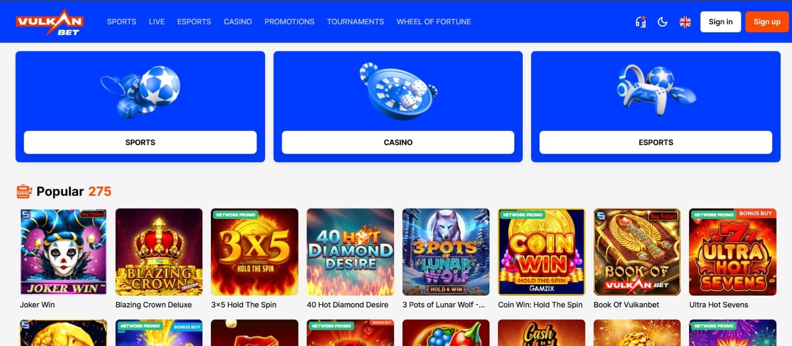 Vulkan.Bet Casino landing page featuring the Sports, Casino, Esports categories and popular slots