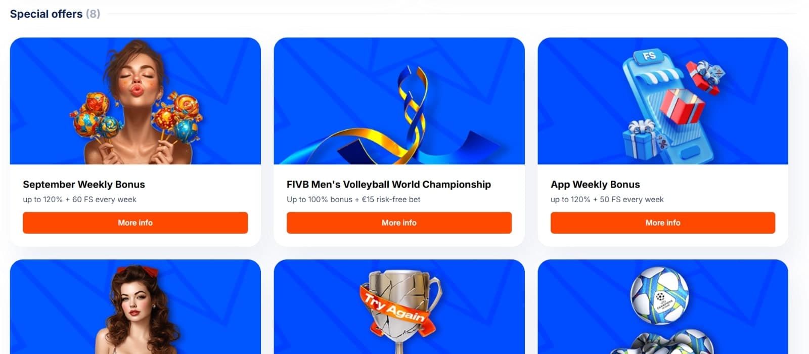 Vulkan.Bet Casino promotions page listing the special offers such as Weekly bonuses, App Weekly Bonus, Sports bonuses and many others