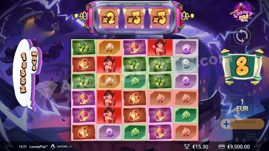 Bonus game with the zap reel showing multiplier symbols.