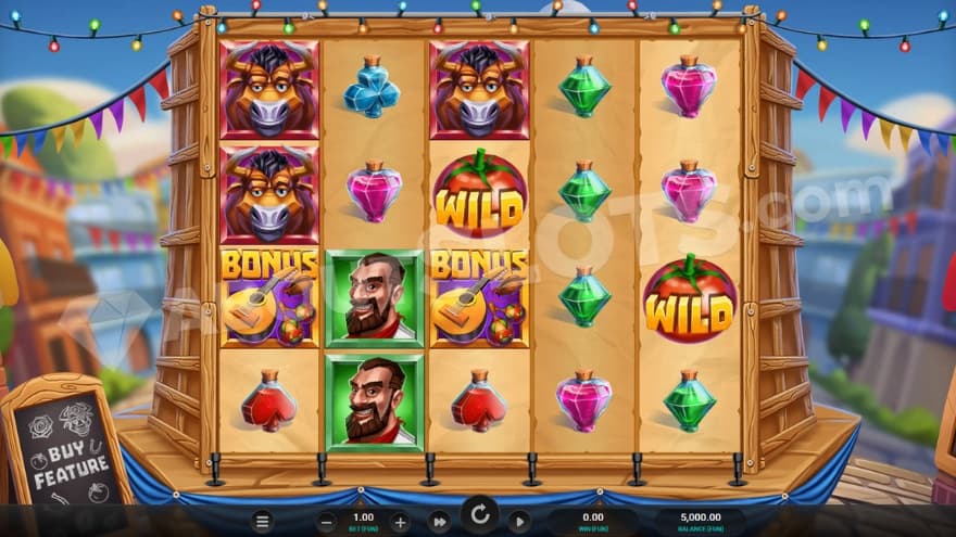 Base game with two wild symbols on the reels.