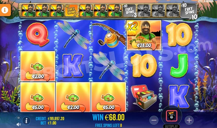 A Wild 2X multiplier symbol collects four fish to a total value of €28.00.