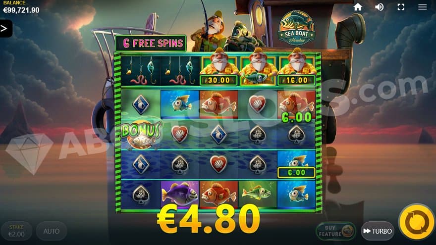 Fishermen collect symbols collecting cash values on reels 3, 4, and 5.