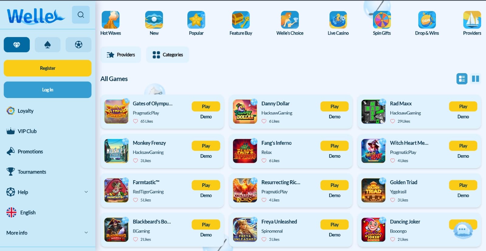 Welle Casino games page with slot titles under category banner 