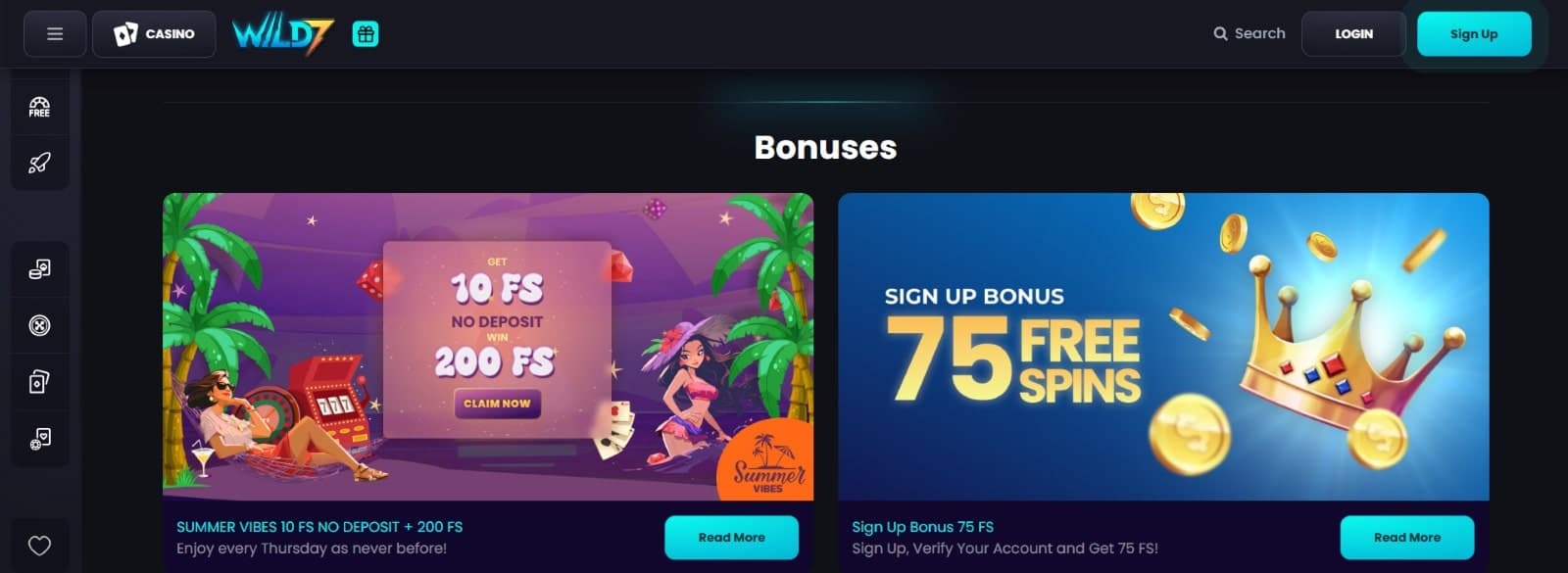 Wild7 bet Casino promotions page featuring no deposit bonuses such as 10 free spins and weekly 75 free spins 