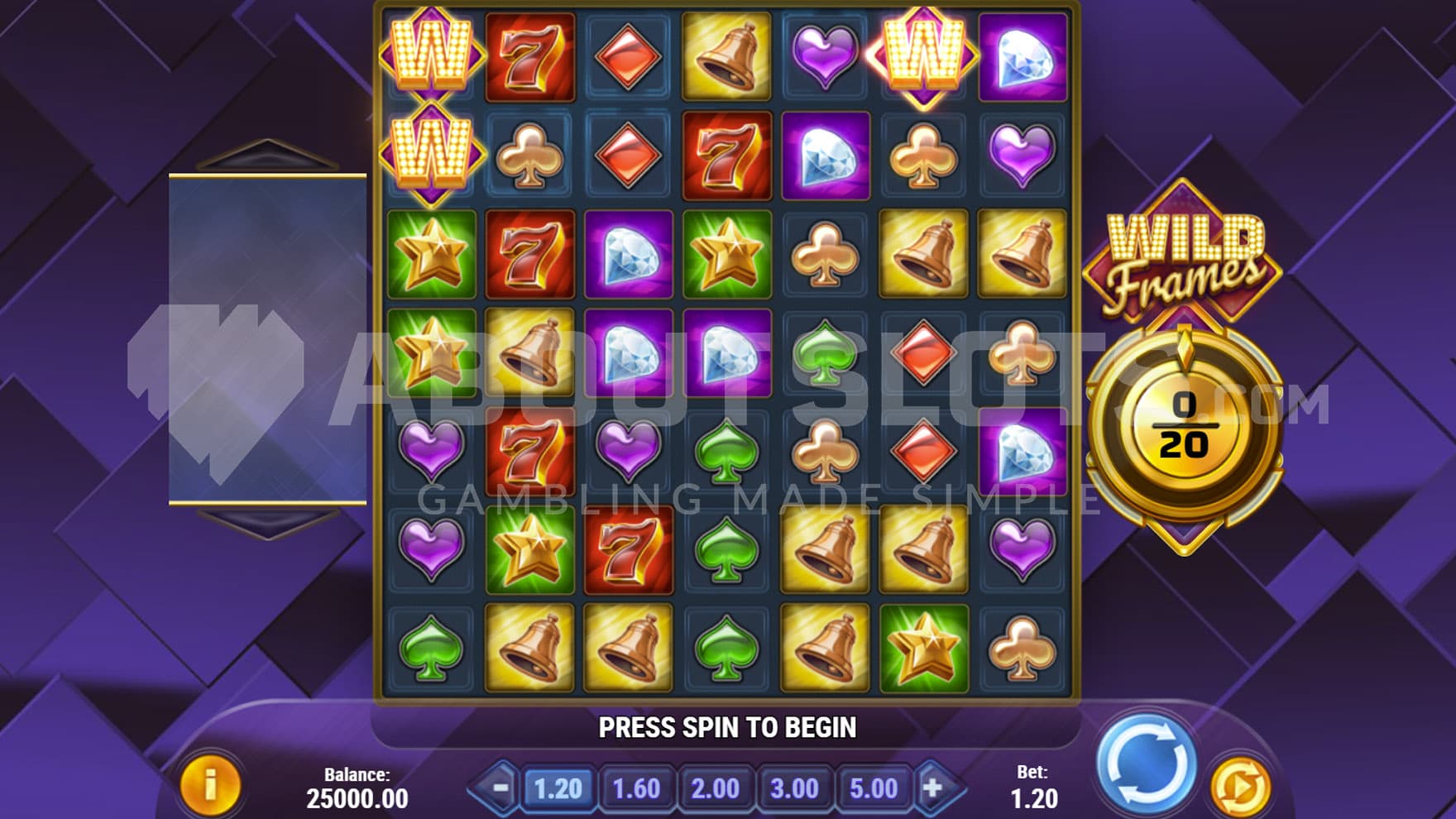 Base Game view of a 7x7 grid populated with classic casino symbols.