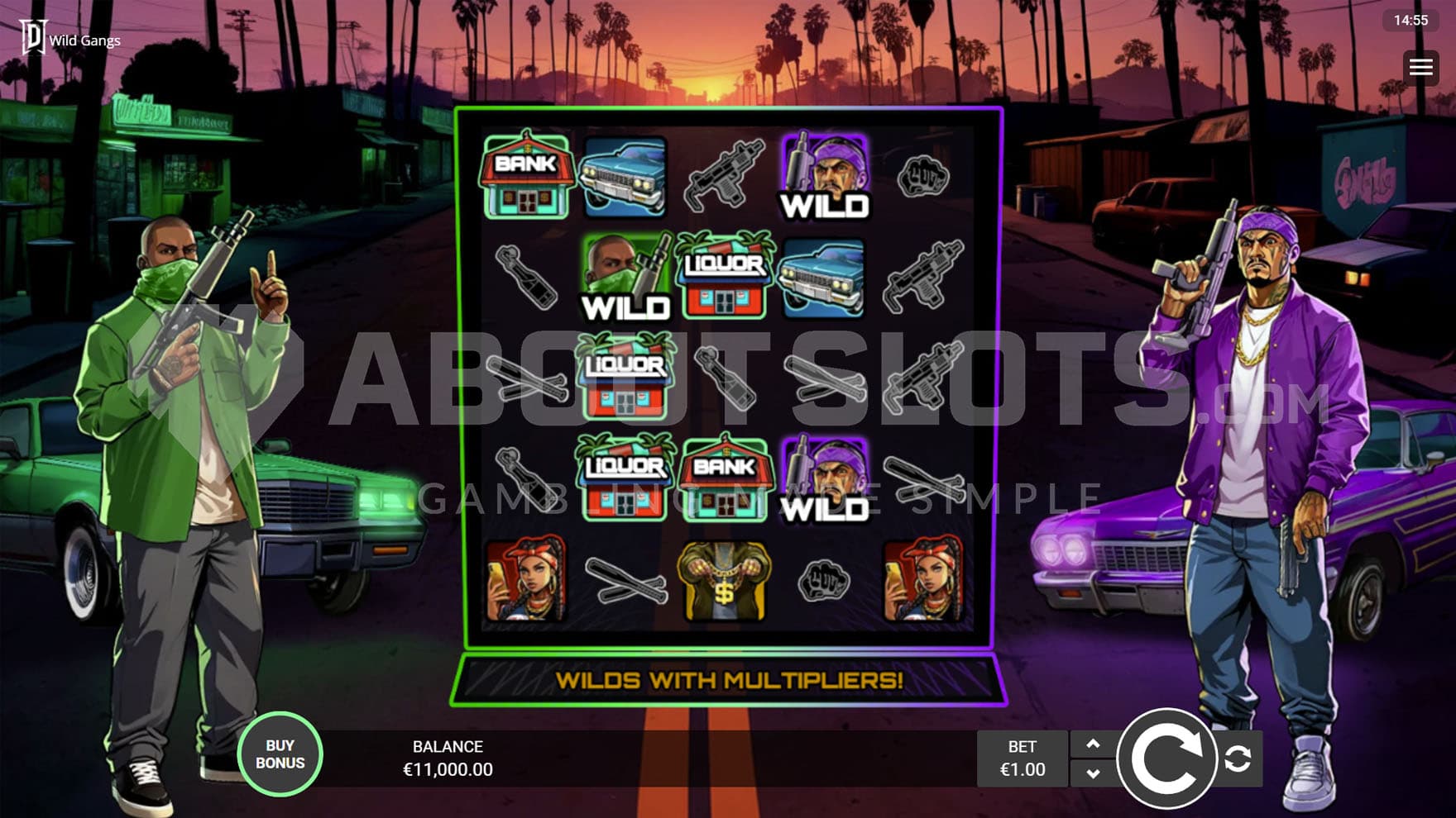 Base Game view of a 5x5 grid on a backdrop of a city with two gang members standing on both sides.