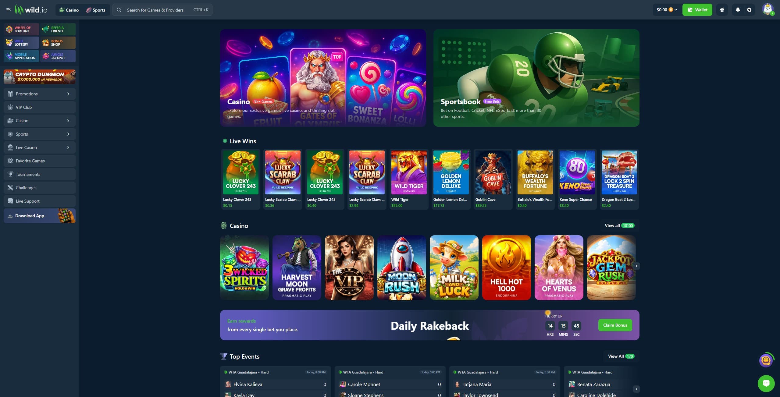 Wild.io Landing Page showing a selection of games and the top events