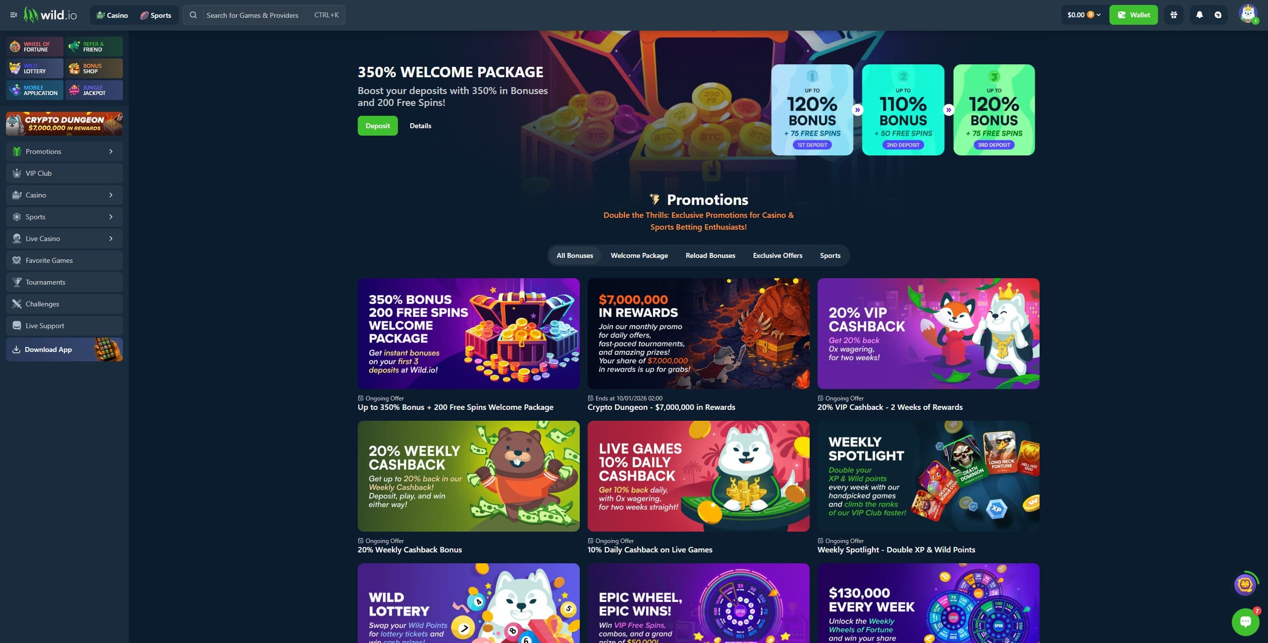 Wild.io Promotions Page showing the available bonuses and promotions