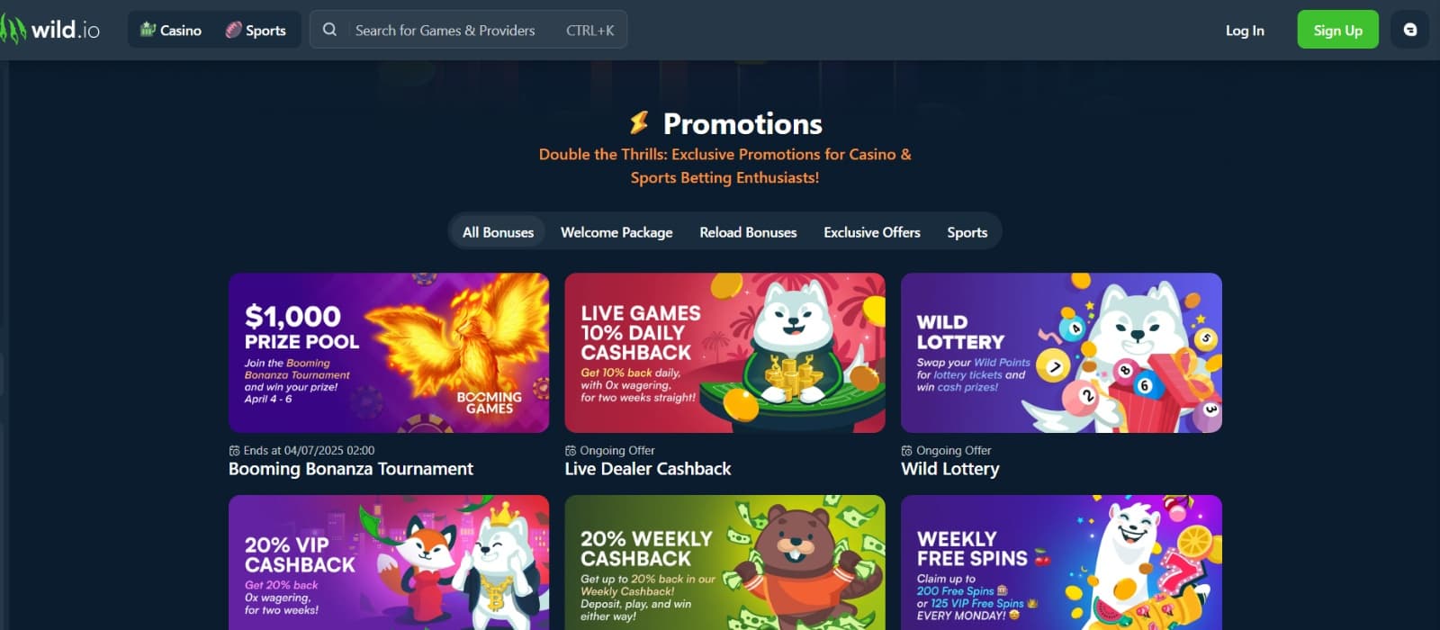 Wild.io Casino promotions page with live casino, prize pools ad weekly reloads