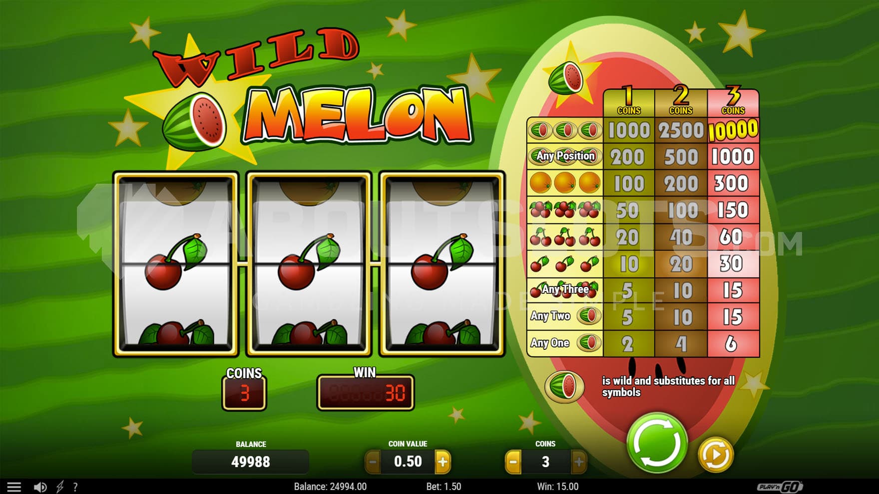 Base Game view of a 3-reel grid with one payline and the paytable displayed on the right.