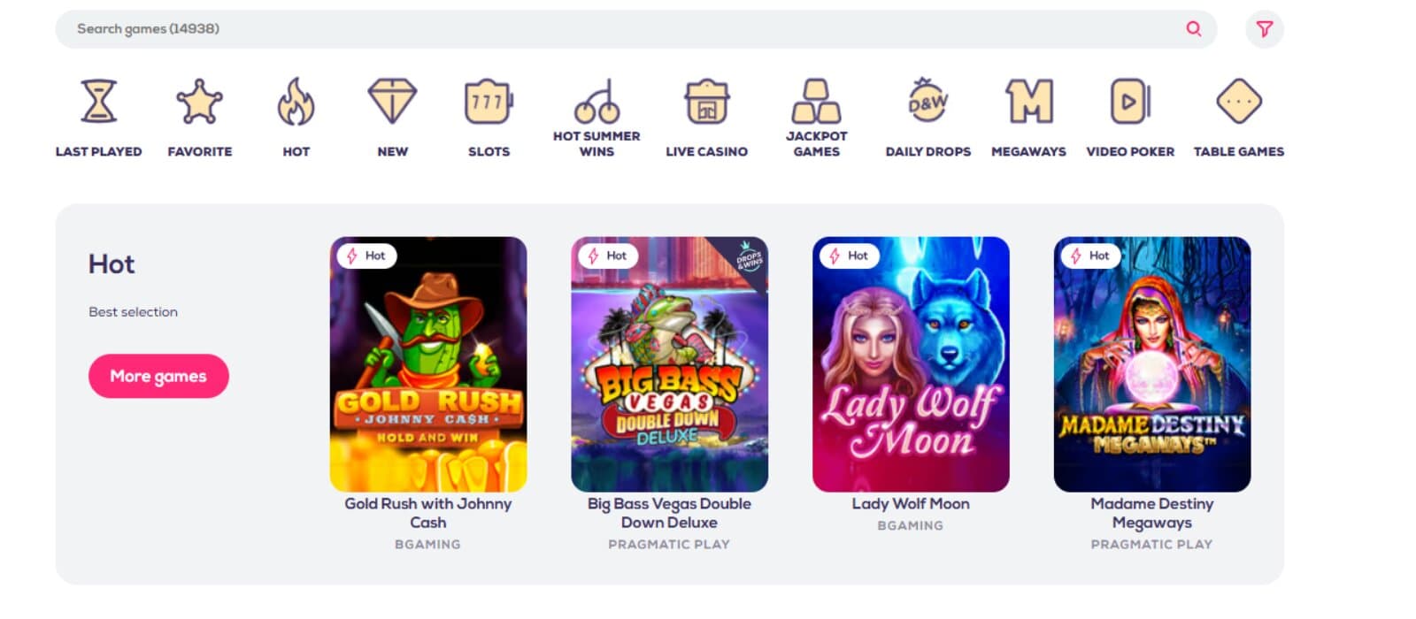The games page of the Wild Casino showcases slot games under the hot category, including Gold Rush with Jonny Cash, Big Bass Vegas Double Down Deluxe, and more.