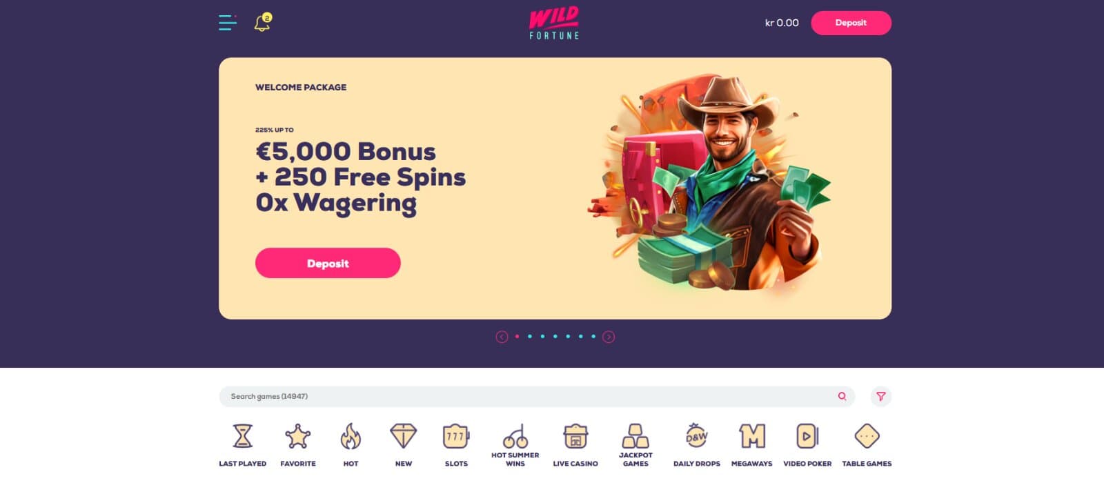 The landing page of Wild Fortune Casino advertises the welcome package of up to €5000 bonus plus 250 zero-wagering free spins with a cowboy character illustration.