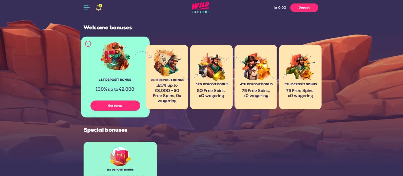The promotions page of Wild Casino features the welcome bonus package against a desert canyon backdrop.