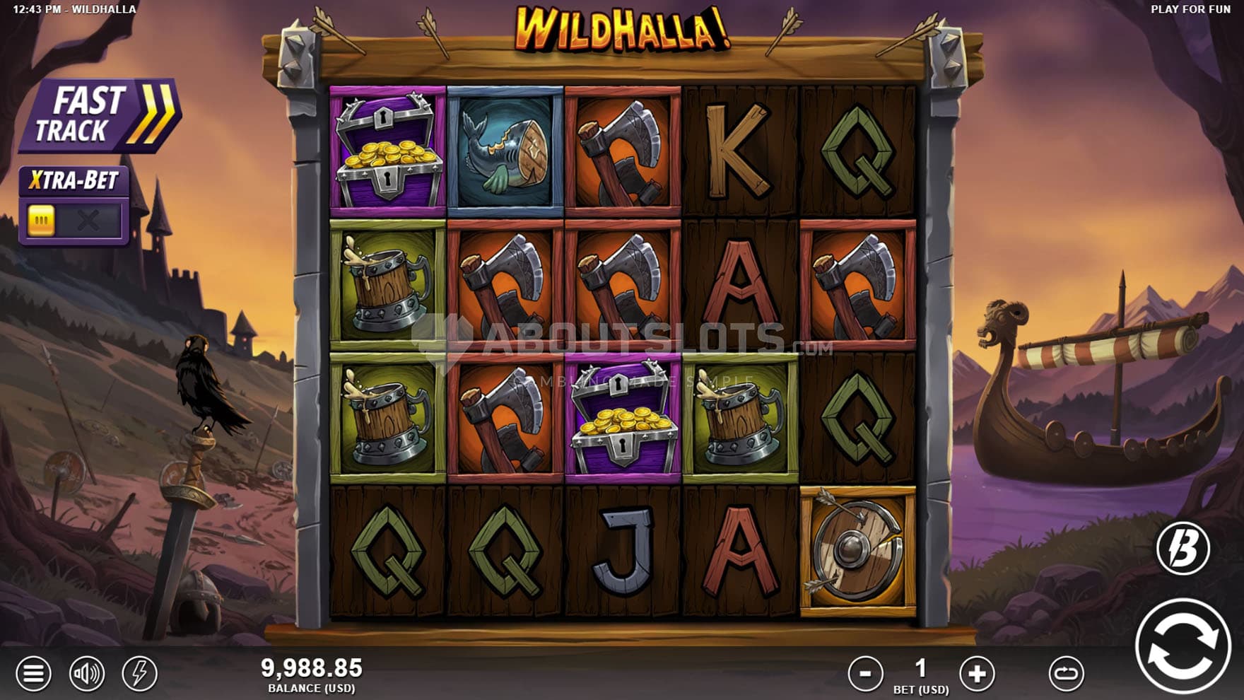 Base Game view of a 5x4 grid on a backdrop of a natural landscape with a castle on the left and a Viking longship on the right.