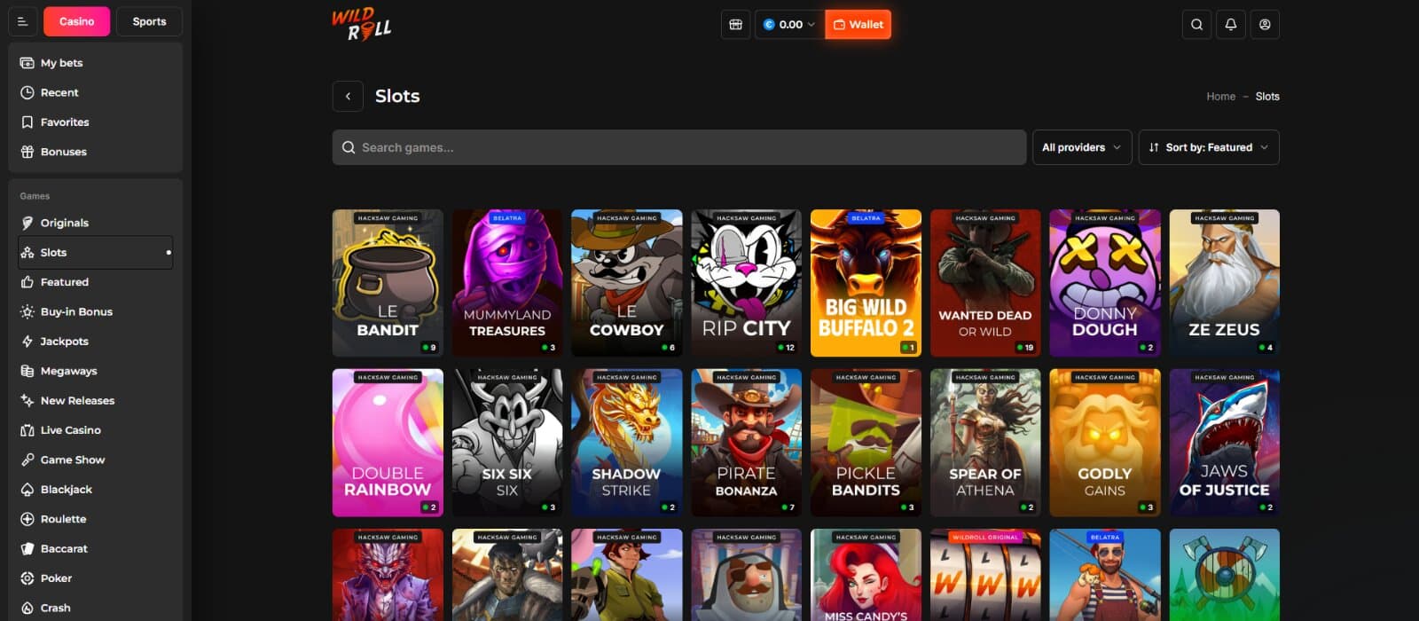 WildRoll Casino Games Page featuring the slots selection with icon images under search filter and side category menu 